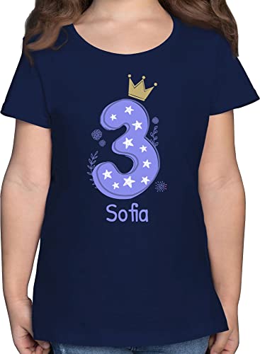 T-Shirt Mädchen - 3. Geburtstag - Zahl DREI mit Krone und Name zum Dritten - 104 (3/4 Jahre) - Dunkelblau - 3 Jahre alt Kind Tshirt Geburtstags Birthday Girl Shirt dreijährige Kinder t Shirts von Geschenk mit Namen personalisiert by Shirtracer