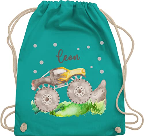 Turnbeutel Rucksack - Auto - Monstertruck Monster Truck Off Road Bigfoot 4x4 Pick-up Geländewagen - Unisize - Türkis - sportwagen stoffbeutel wechselbeutel kita name von Geschenk mit Namen personalisiert by Shirtracer