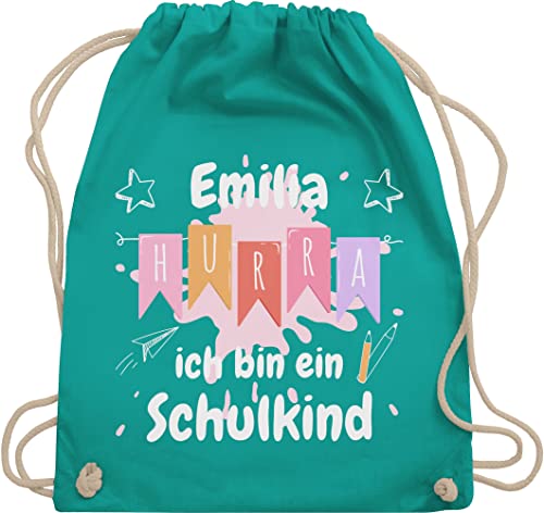 Turnbeutel Rucksack - Schulanfang Einschulung - Hurra ich bin ein Schulkind - rosa oder hellblau - weiß - Unisize - Türkis - geschenke erste schultag jungen schulanfaenger mädchen schulbeginn von Geschenk mit Namen personalisiert by Shirtracer