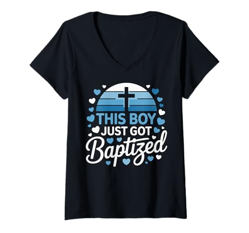 Damen This Boy Just Got Baptized T-Shirt mit V-Ausschnitt Damen This Boy Just Got Baptized T-Shirt mit V-Ausschnitt von Getauft Taufe Junge Christlich Religiös