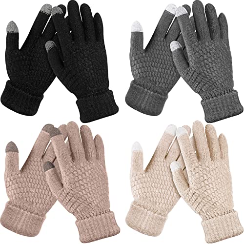 4 Paar Damen Winter Touchscreen Handschuhe Warm Fleece Gefüttert Strickhandschuhe Elastische Manschette Winter Texting Handschuhe, Schwarz, Dunkelgrau, Karamell, Beige, Einheitsgröße von Geyoga