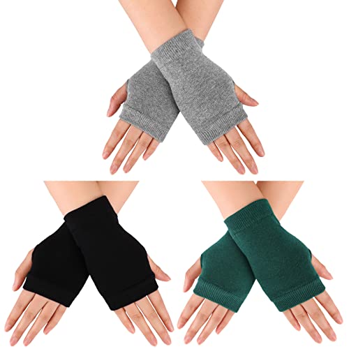 Geyoga 3 Paar Fingerlose Handschuhe mit Daumenloch Halbfinger Stricken Fäustlinge für Männer Frauen (Schwarz, Grau, Dunkelgrün) von Geyoga