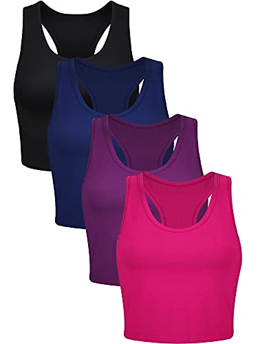 Geyoga 4 Stück Damen Crop Tank Tops (Schwarz, Marineblau, Rosenrot, Lila, M) von Geyoga