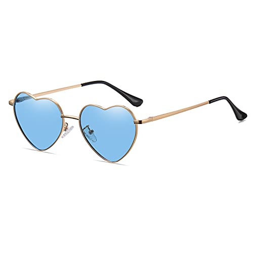 Ggpyyon Herz Sonnenbrille Damen Polarisierte Love Herzform Sonnenbrille Hippie Gläser Brille Metallrahmen Trendy UV400 Schutz(Gold/Blau) von Ggpyyon