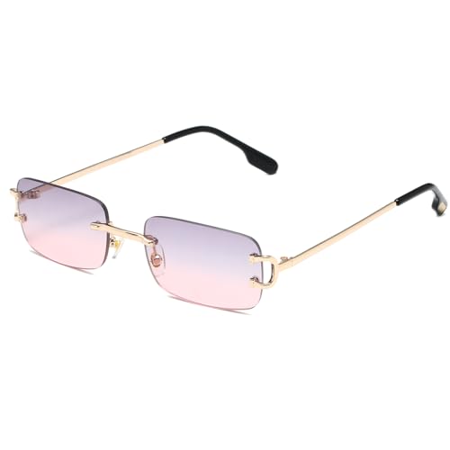 Ggpyyon Randlose rechteckige Sonnenbrille für Damen und Herren, Retro-Sonnenbrille, rahmenlose Brille, Gold/Farbverlauf Grau Rosa von Ggpyyon