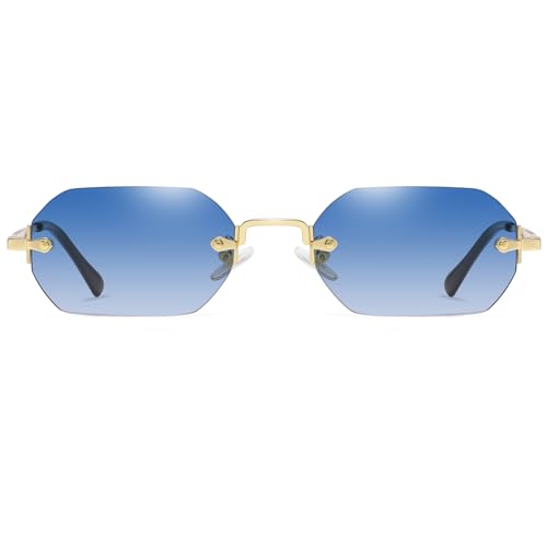 Ggpyyon Retro Rechteck Rahmenlose Sonnenbrille für Damen Herren Trendy Metall Gold Polygon Randlose Sonnenbrille(Gold/Farbverlauf Blau) von Ggpyyon