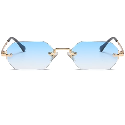 Ggpyyon Retro Rechteck Rahmenlose Sonnenbrille für Damen Herren Trendy Metall Gold Polygon Randlose Sonnenbrille(Gold/Gradient Light Blau) von Ggpyyon