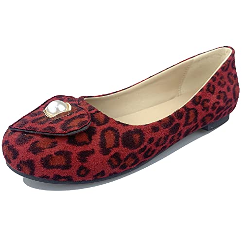 Gicoiz Buro Flach Schuhe Damen Arbeit Comfy Runde Zehen Dolly Schuhe Geschlossen Loafer Arbeit Lovely Ballet Leisure Damen Schuhe Leopard-Rot Gr 39 EU-40Cn von Gicoiz