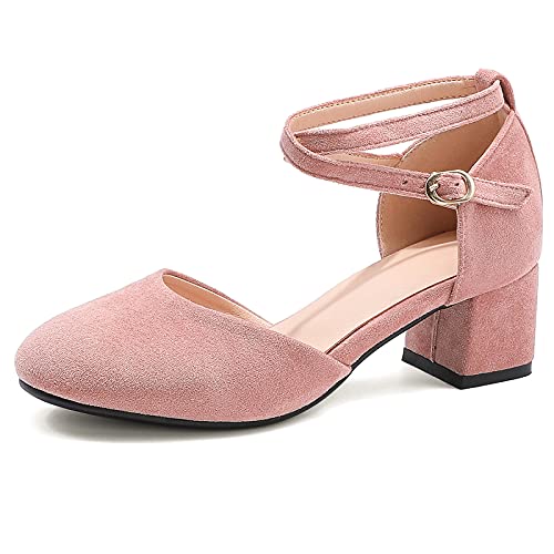 Gicoiz Damen Blockabsatz Schuhe Geschlossen Knöchelriemchen Sandalen Hochzeit Party Komfort Runde Zehen Schuhe Wildleder Formal Buro Arbeit Kleid Pink Gr 35 EU von Gicoiz