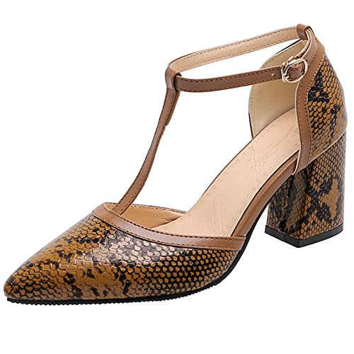 Gicoiz Damen Blockabsatz Schuhe Mode Pointed Toe Sandalen Snakeskin T Bar Höhe Ferse Snakeskin Knöchelriemchen Party Arbeit Schuhe Braun Gr 32 EU von Gicoiz