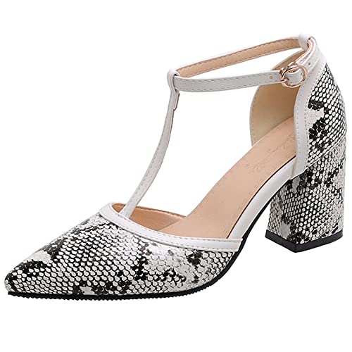 Gicoiz Damen Blockabsatz Schuhe Mode Pointed Toe Sandalen Snakeskin T Bar Höhe Ferse Snakeskin Knöchelriemchen Party Arbeit Schuhe Weiß Gr 33 EU von Gicoiz