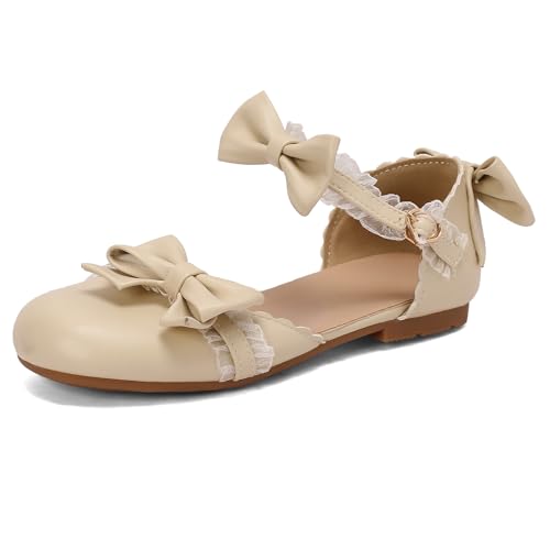 Gicoiz Damen Flach Schuhe Runde Zehen Bogentie Mary Jane Sandalen Komfort Dolly Schuhe Knöchelriemchen Geschlossen Damen Sommer Party Ballet Ballerina Beige Gr 37 EU-38Cn von Gicoiz