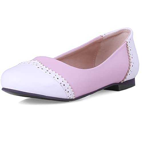 Gicoiz Damen Flach Schuhe Runde Zehen Ohne Verschluss Brogue Dolly Schuhe Zweifarbig Geschlossen Loafer Pantoffeln Buro Arbeit Hochzeit Ballet Pink Gr 34 EU von Gicoiz