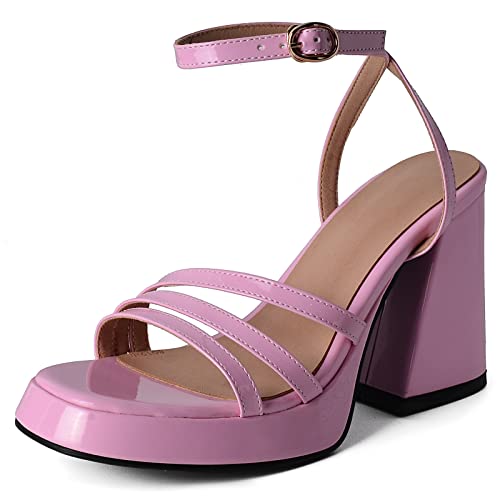 Gicoiz Damen Lack Offene Zeh Chunky Höhe Ferse Schuhe Sandalen Plateau Hochzeit Knöchelriemchen Sommer Party Elegant Abendschuhe Formal Pink Gr 33 EU von Gicoiz