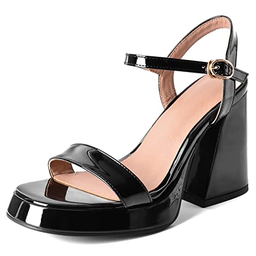 Gicoiz Damen Lack Offene Zeh Chunky Höhe Ferse Schuhe Sandalen Plateau Hochzeit Knöchelriemchen Sommer Party Elegant Abendschuhe Formal Schwarz Gr 34 EU von Gicoiz