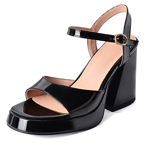 Gicoiz Damen Lack Offene Zeh Chunky Höhe Ferse Schuhe Sandalen Plateau Hochzeit Knöchelriemchen Sommer Party Elegant Abendschuhe Formal Schwarz Gr 36 EU von Gicoiz