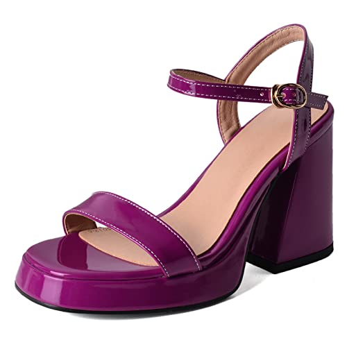 Gicoiz Damen Lack Offene Zeh Chunky Höhe Ferse Schuhe Sandalen Plateau Hochzeit Knöchelriemchen Sommer Party Elegant Abendschuhe Formal Violett Gr 41 EU-43Cn von Gicoiz