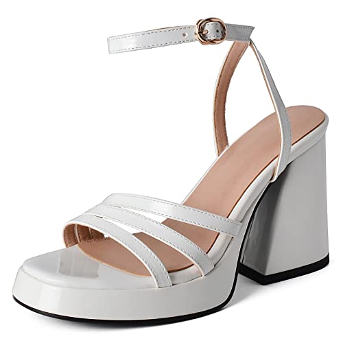 Gicoiz Damen Lack Offene Zeh Chunky Höhe Ferse Schuhe Sandalen Plateau Hochzeit Knöchelriemchen Sommer Party Elegant Abendschuhe Formal Weiß Gr 34 EU von Gicoiz