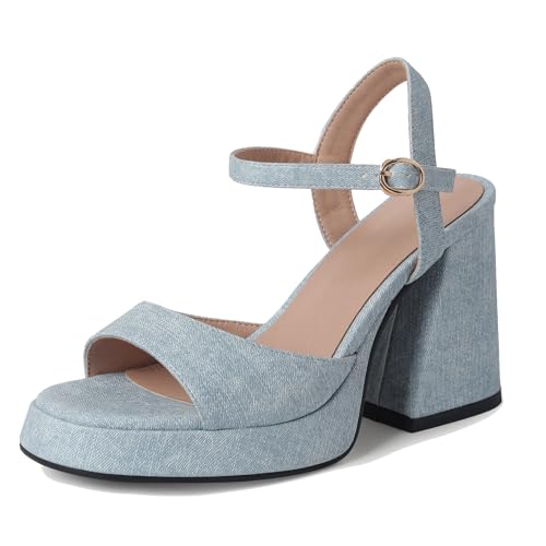 Gicoiz Damen Offene Zeh Hohen Blockabsatz Schuhe Plateau Hochzeit Sandalen Knöchelriemchen Pailletten Elegant Denim Mode Party Bride Schuhe Light-Blau Gr 40.5 EU-42Cn von Gicoiz