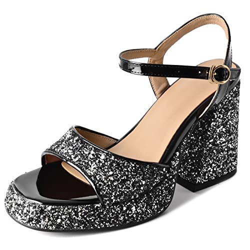 Gicoiz Damen Offene Zeh Hohen Blockabsatz Schuhe Plateau Hochzeit Sandalen Knöchelriemchen Pailletten Elegant Denim Mode Party Bride Schuhe Schwarz Gr 34 EU von Gicoiz