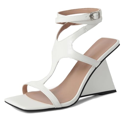 Gicoiz Damen Offene Zeh Lack Keilabsatz Sandalen Knöchelriemchen Sommer Mode Schnalle Hochzeit Party Höhe Ferse Abendschuhe Weiß Gr 38 EU-39Cn von Gicoiz