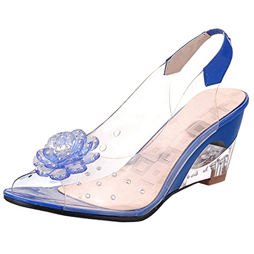 Gicoiz Damen Peep Toe Blumes Keilabsatz Sandalen Transparent Hochzeit Hausschuhe Pantoffeln Elegant Sommer Party Pantoffeln Slingback Bride Schuhe Blau Gr 31 EU von Gicoiz