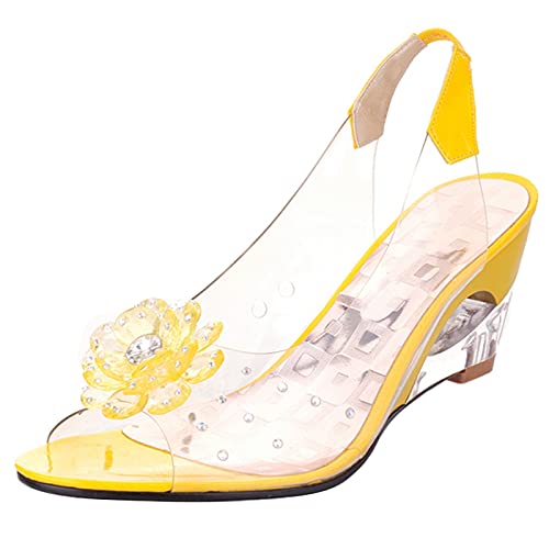 Gicoiz Damen Peep Toe Blumes Keilabsatz Sandalen Transparent Hochzeit Hausschuhe Pantoffeln Elegant Sommer Party Pantoffeln Slingback Bride Schuhe Gelb Gr 39 EU-40Cn von Gicoiz