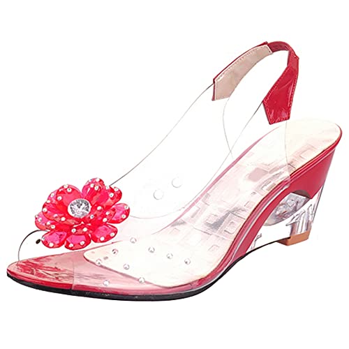 Gicoiz Damen Peep Toe Blumes Keilabsatz Sandalen Transparent Hochzeit Hausschuhe Pantoffeln Elegant Sommer Party Pantoffeln Slingback Bride Schuhe Rot Gr 40.5 EU-42Cn von Gicoiz