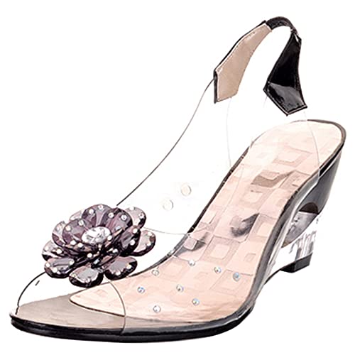 Gicoiz Damen Peep Toe Blumes Keilabsatz Sandalen Transparent Hochzeit Hausschuhe Pantoffeln Elegant Sommer Party Pantoffeln Slingback Bride Schuhe Schwarz Gr 40.5 EU-42Cn von Gicoiz