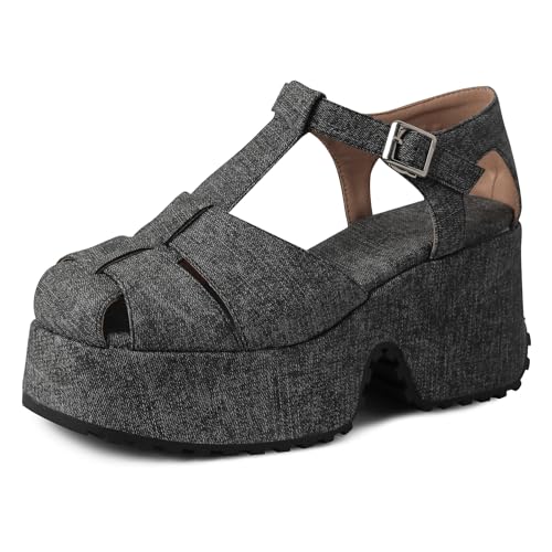 Gicoiz Damen Plateau Keilabsatz Knöchelriemchen Römersandalen Mode T Bar Sommer Leisure Höhe Ferse Geschlossen Gladiator Party Schuhe Grau Gr 40.5 EU-42Cn von Gicoiz