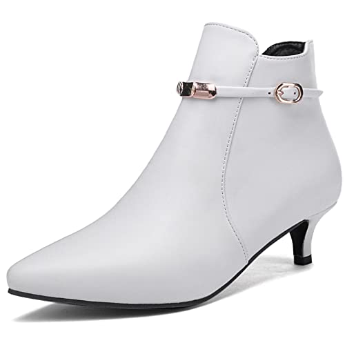 Gicoiz Damen Pointed Toe Comfy Kitten Heel Stiefeletten Winter Arbeit Niedrige Absatzs Chelsea Motorradstiefel Bridal Abendschuhe Warm Weiß Gr 34 EU von Gicoiz