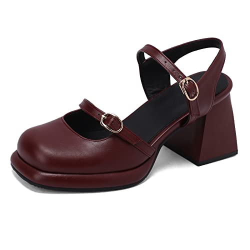 Gicoiz Damen Runde Zehen Bogentie Sandalen Plateau Mary Jane Komfort Chunky Höhe Ferse Schuhe Knöchelriemchen Sommer Party Schuhe Schnalle Rotwein Gr 37 EU-38Cn von Gicoiz