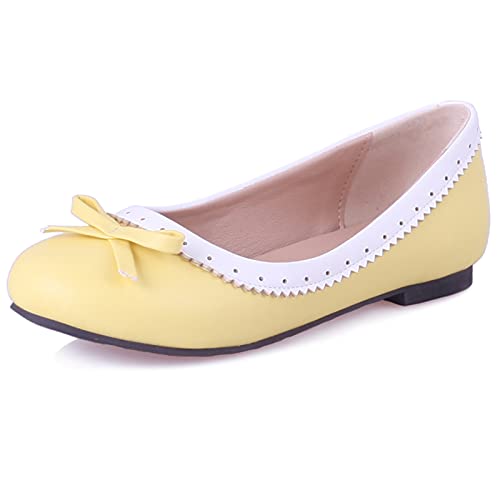 Gicoiz Damen Runde Zehen Flach Schuhe Ohne Verschluss Bogentie Ballet Flach Schuhe Klassische Brogue Loafer Geschlossen Ballerina Dolly Schuhe Hochzeit Gelb Gr 52 EU-54Cn von Gicoiz