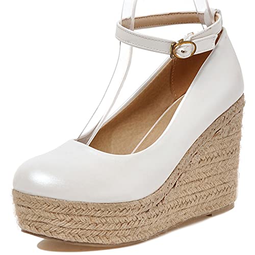 Gicoiz Espadrille Keilabsatz Damen Runde Zehen Plateau Pump Knöchelriemchen Sommer Leisure Höhe Ferse Geschlossen Ohne Verschluss Mode Schuhe Weiß Gr 36 EU von Gicoiz