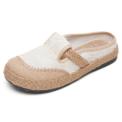 Gicoiz Espadrille Pantoffeln Damen Flach Schuhe Strand Geschlossen Hausschuhe Pantoffeln Sandalen Bestickt Sommer Leisure Komfort Runde Zehen Mode Schuhe Weiß Gr 38 EU-39Cn von Gicoiz