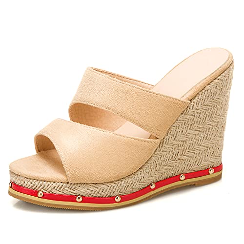 Gicoiz Espadrille Plateau Keilabsatzs Damen Peep Toe Mule Pantoffeln Mode Höhe Ferse Hausschuhe Pantoffeln Sommer Hochzeit Komfort Sandalen Strand Beige Gr 43 EU-45Cn von Gicoiz