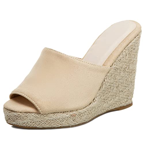 Gicoiz Espadrille Plateau Keilabsatzs Damen Peep Toe Mule Pantoffeln Mode Höhe Ferse Hausschuhe Pantoffeln Sommer Hochzeit Komfort Sandalen Strand Beige Gr 46 EU-48Cn von Gicoiz