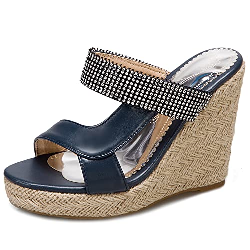 Gicoiz Espadrille Plateau Keilabsatzs Damen Peep Toe Mule Pantoffeln Mode Höhe Ferse Hausschuhe Pantoffeln Sommer Hochzeit Komfort Sandalen Strand Blau Gr 34 EU von Gicoiz