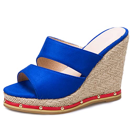 Gicoiz Espadrille Plateau Keilabsatzs Damen Peep Toe Mule Pantoffeln Mode Höhe Ferse Hausschuhe Pantoffeln Sommer Hochzeit Komfort Sandalen Strand Blau Gr 40 EU-41Cn von Gicoiz