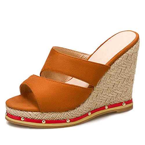 Gicoiz Espadrille Plateau Keilabsatzs Damen Peep Toe Mule Pantoffeln Mode Höhe Ferse Hausschuhe Pantoffeln Sommer Hochzeit Komfort Sandalen Strand Gelb Gr 38 EU-39Cn von Gicoiz