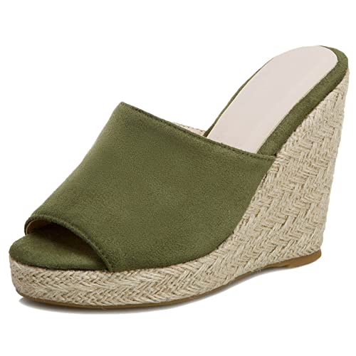 Gicoiz Espadrille Plateau Keilabsatzs Damen Peep Toe Mule Pantoffeln Mode Höhe Ferse Hausschuhe Pantoffeln Sommer Hochzeit Komfort Sandalen Strand Grün Gr 34 EU von Gicoiz