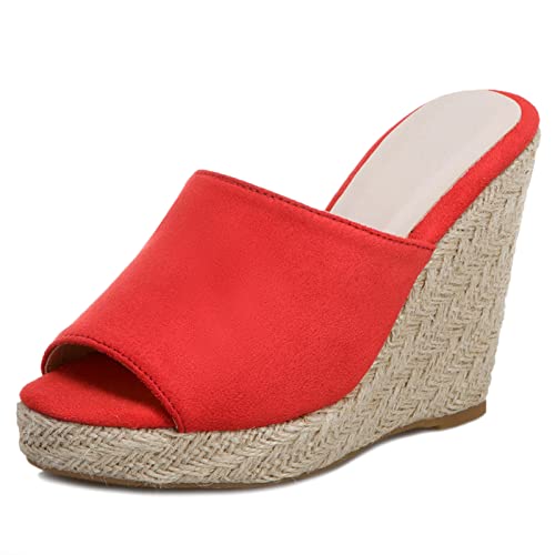 Gicoiz Espadrille Plateau Keilabsatzs Damen Peep Toe Mule Pantoffeln Mode Höhe Ferse Hausschuhe Pantoffeln Sommer Hochzeit Komfort Sandalen Strand Rot Gr 34 EU von Gicoiz