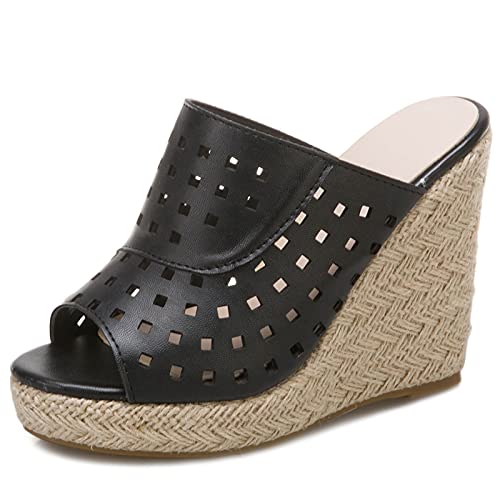 Gicoiz Espadrille Plateau Keilabsatzs Damen Peep Toe Mule Pantoffeln Mode Höhe Ferse Hausschuhe Pantoffeln Sommer Hochzeit Komfort Sandalen Strand Schwarz Gr 39 EU-40Cn von Gicoiz