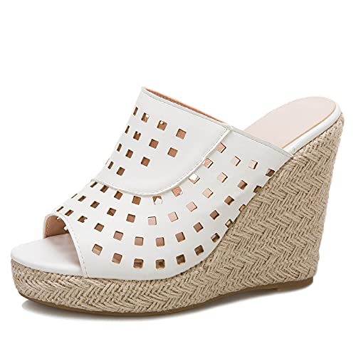 Gicoiz Espadrille Plateau Keilabsatzs Damen Peep Toe Mule Pantoffeln Mode Höhe Ferse Hausschuhe Pantoffeln Sommer Hochzeit Komfort Sandalen Strand Weiß Gr 34 EU von Gicoiz