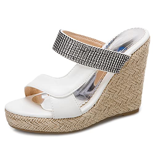 Gicoiz Espadrille Plateau Keilabsatzs Damen Peep Toe Mule Pantoffeln Mode Höhe Ferse Hausschuhe Pantoffeln Sommer Hochzeit Komfort Sandalen Strand Weiß Gr 40 EU-41Cn von Gicoiz