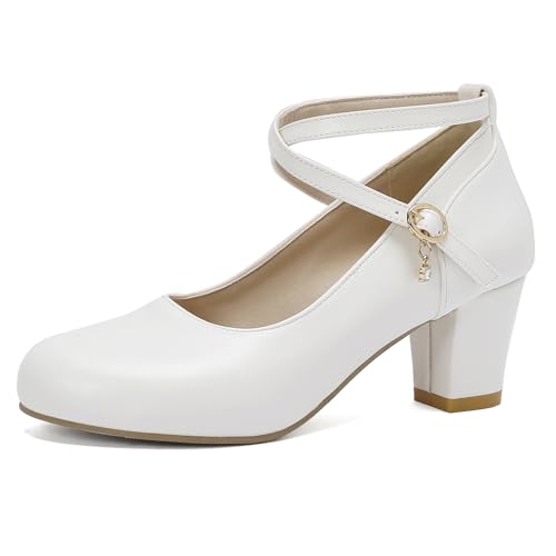 Gicoiz Geschlossen Mary Jane Blockabsatz Schuhe Damen Abendschuhe Knöchelriemchen Hochzeit Elagant Höhe Ferse Pump Formal Arbeit Weiß Gr 36.5 EU-37Cn von Gicoiz