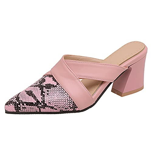 Gicoiz Hochzeit Mule Bride Pointed Toe Sommer Pantoffeln Leisure Geschlossen Hohen Blockabsatz Schuhe Damen Hausschuhe Pantoffeln Snakeskin Sandalen Pink Gr 36.5 EU-37Cn von Gicoiz