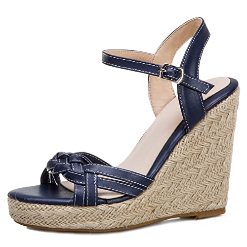 Gicoiz Keilabsatz Plateau Espadrille Damen Mode Sandalen Strappy Offene Zeh Sommer Leisure Knöchelriemchen Höhe Ferse Gladiator Schuhe Blau Gr 41 EU-43Cn von Gicoiz