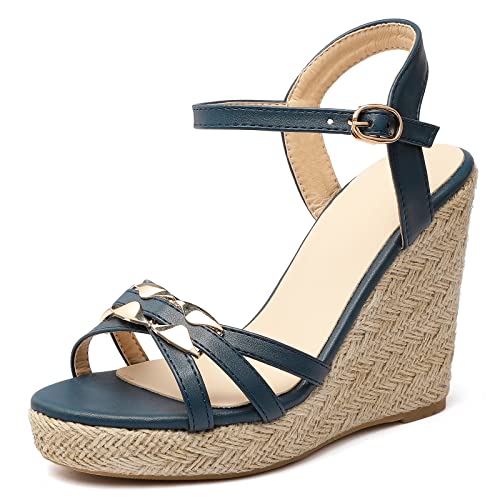 Gicoiz Keilabsatz Plateau Espadrille Damen Mode Sandalen Strappy Offene Zeh Sommer Leisure Knöchelriemchen Höhe Ferse Gladiator Schuhe Blau Gr 46 EU-48Cn von Gicoiz