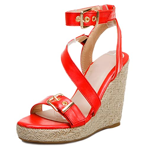 Gicoiz Keilabsatz Plateau Espadrille Damen Mode Sandalen Strappy Offene Zeh Sommer Leisure Knöchelriemchen Höhe Ferse Gladiator Schuhe Rot Gr 39 EU-40Cn von Gicoiz